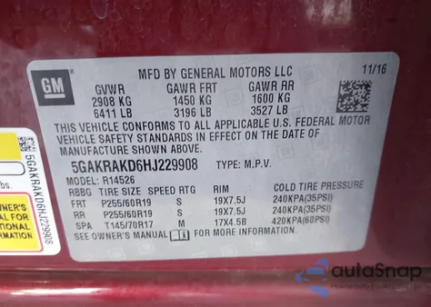 2017 Buick Enclave Convenience из США, поврежденный, VIN 5GAKRAKD6HJ229908